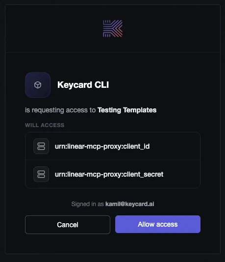 Keycard consent screen
