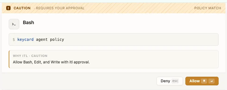 Keycard ITL Prompt requiring approval