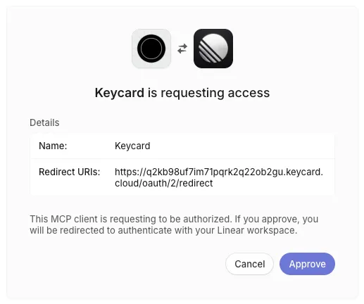 Keycard requesting access to Linear