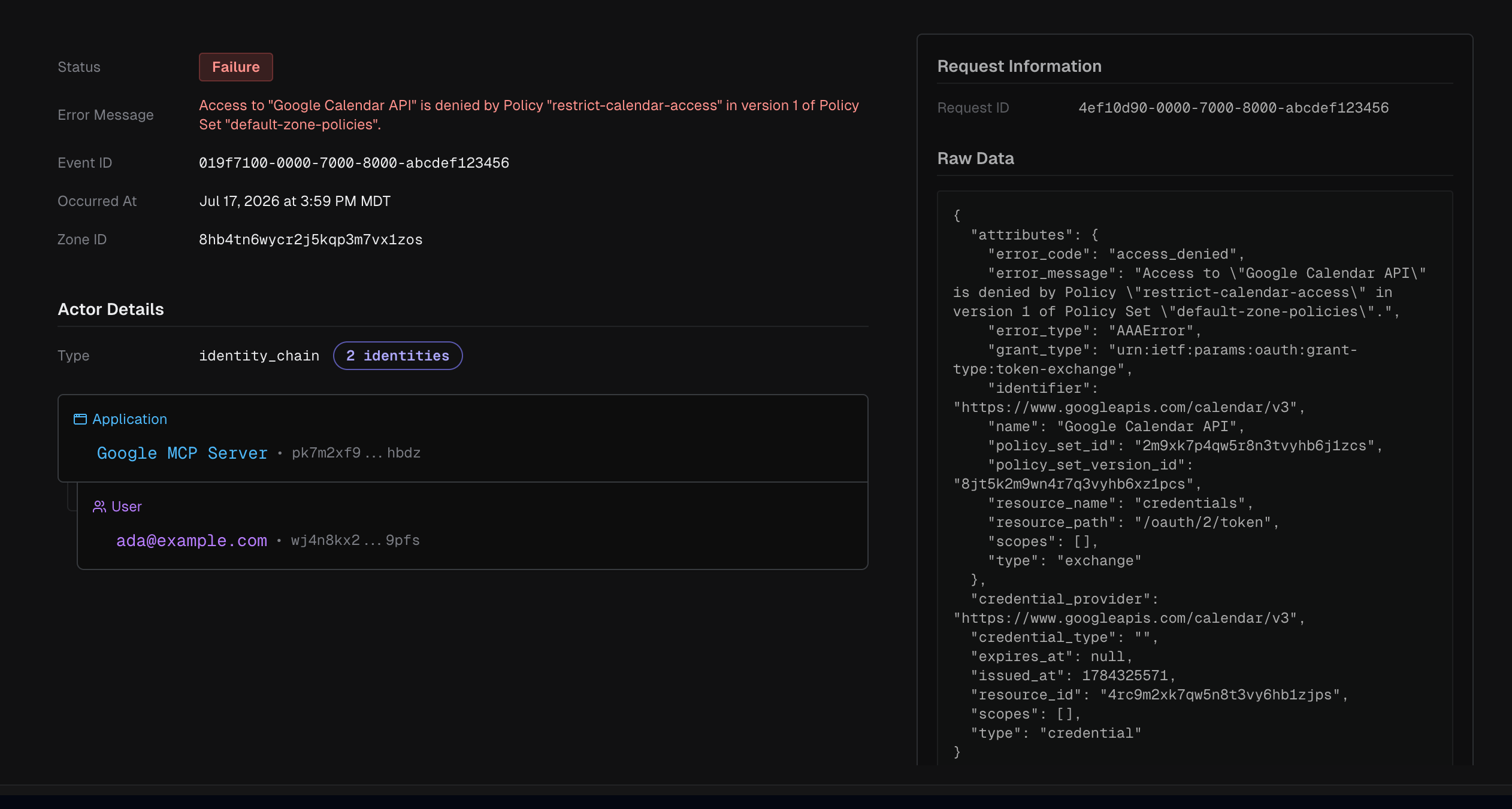 A Failure audit event with error code access_denied, its Error Message naming the deciding policy and policy set