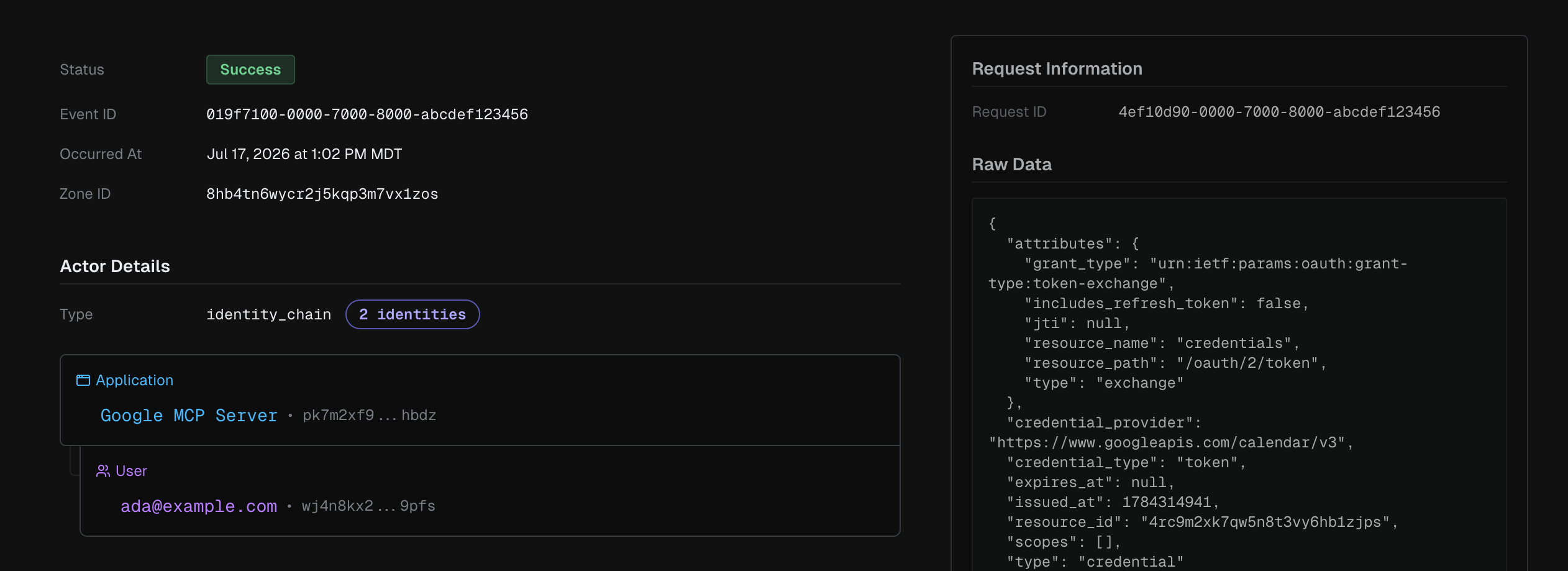 An expanded audit event showing Status, the identity_chain actor with an Application and a User, the Entity resource, and Raw Data