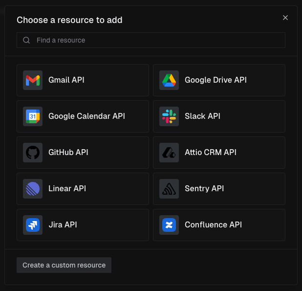 Resource Catalog showing available integrations in a two-column grid