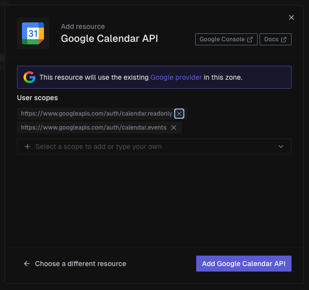 Google Calendar API configuration dialog reusing the existing Google provider
