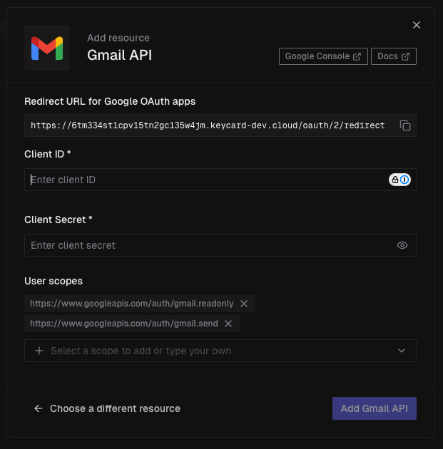 Gmail API configuration dialog showing Redirect URL, Client ID, Client Secret, and User scopes