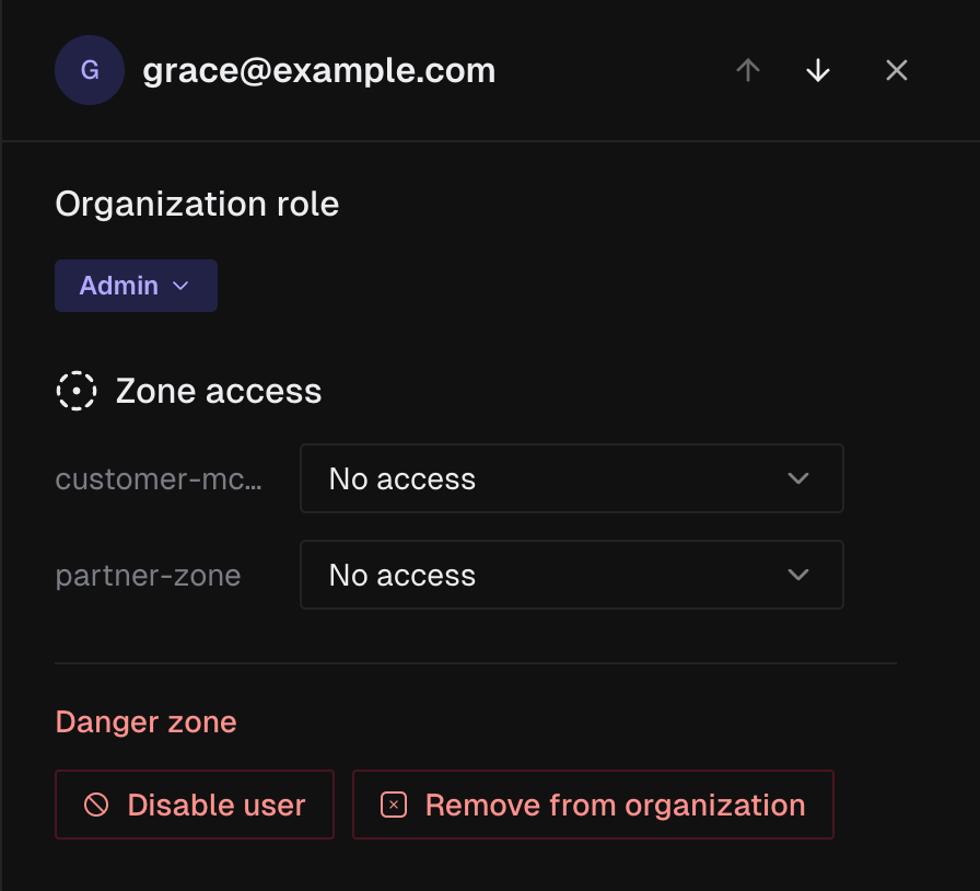 Person's access drawer showing Organization role, Zone access, and a Danger zone with Disable user and Remove from organization