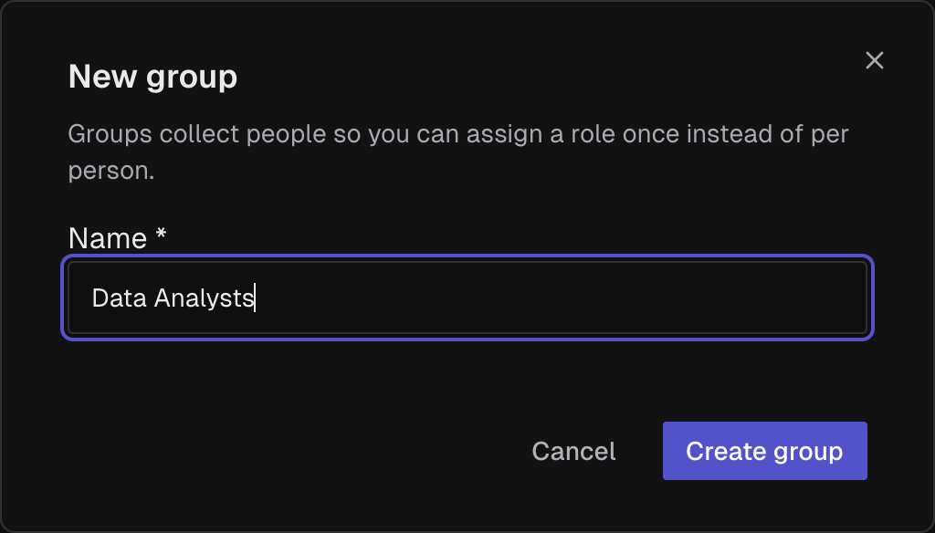 The New group dialog with a name entered