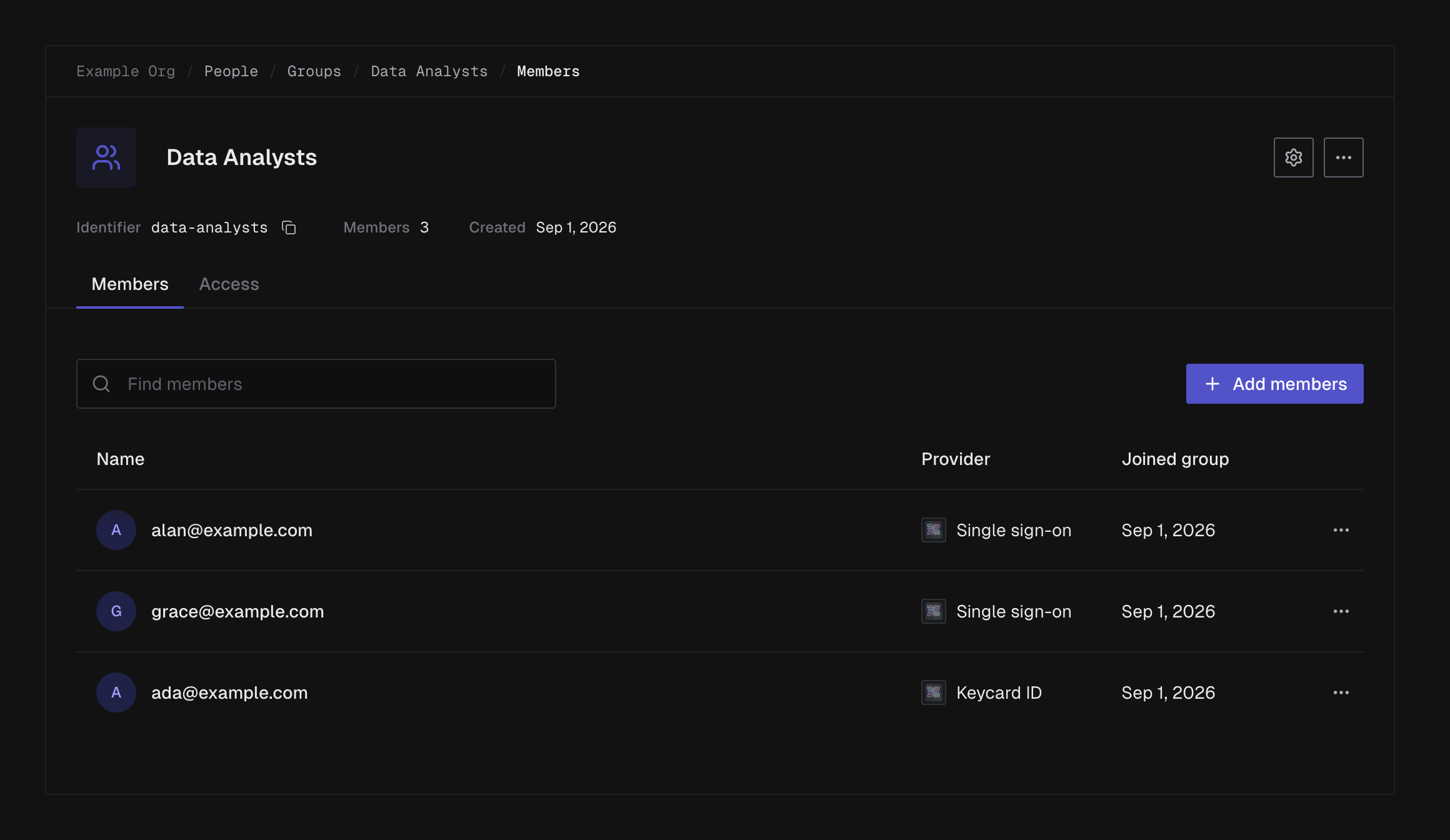The Members tab of a Group, listing its members and the Add members button