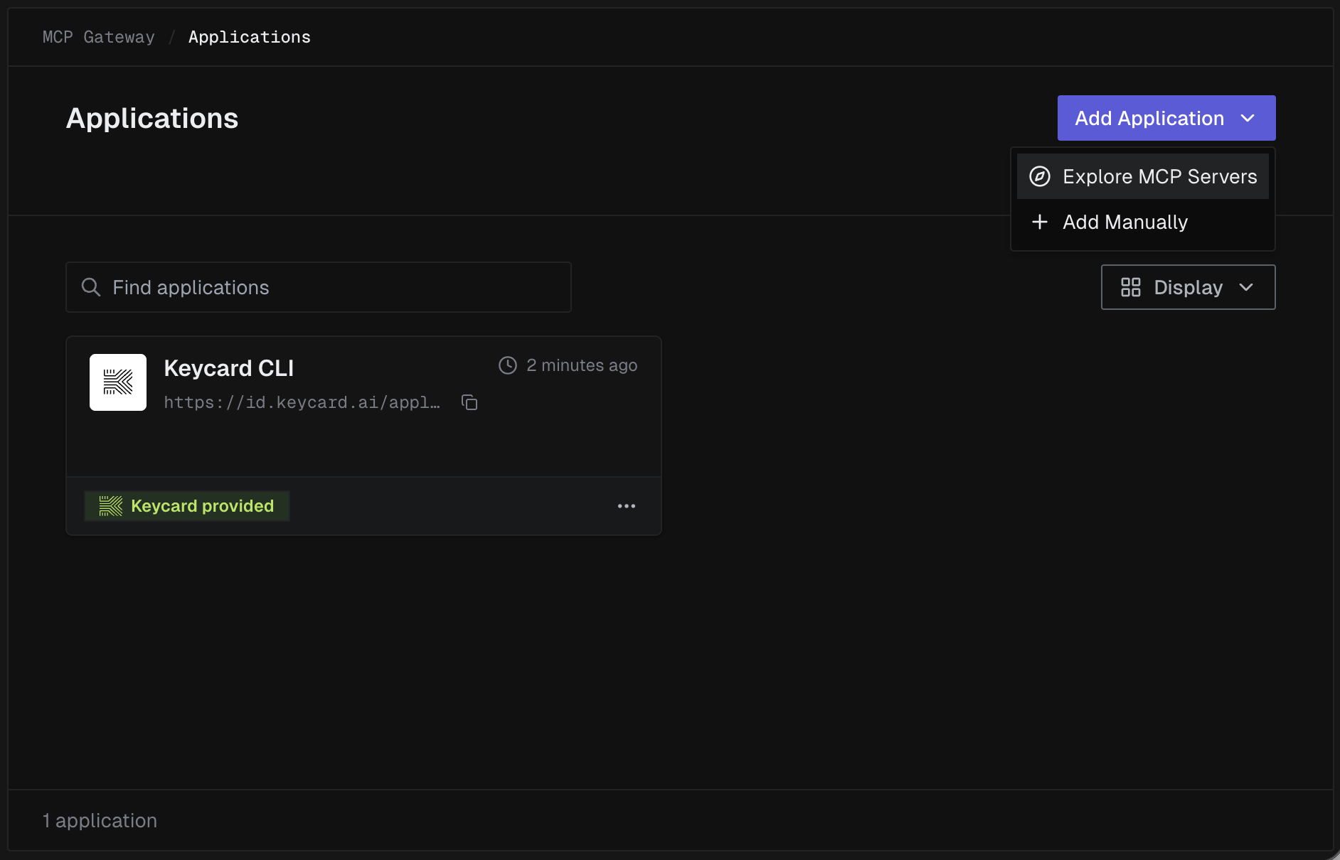 Add Application button with Explore MCP Servers option in the dropdown