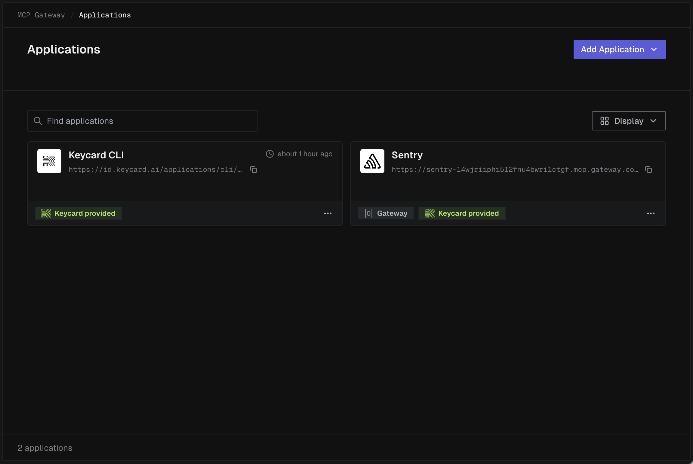 Applications page showing the newly installed MCP server with Gateway and Keycard provided badges