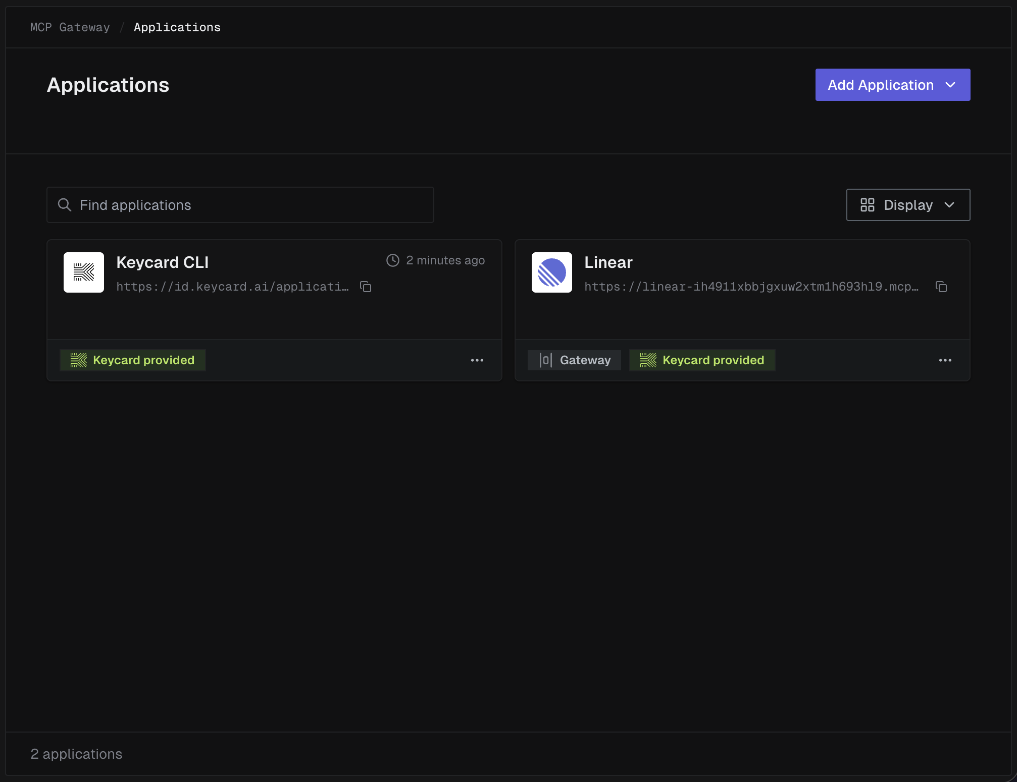 Applications page showing Linear installed with a Gateway badge