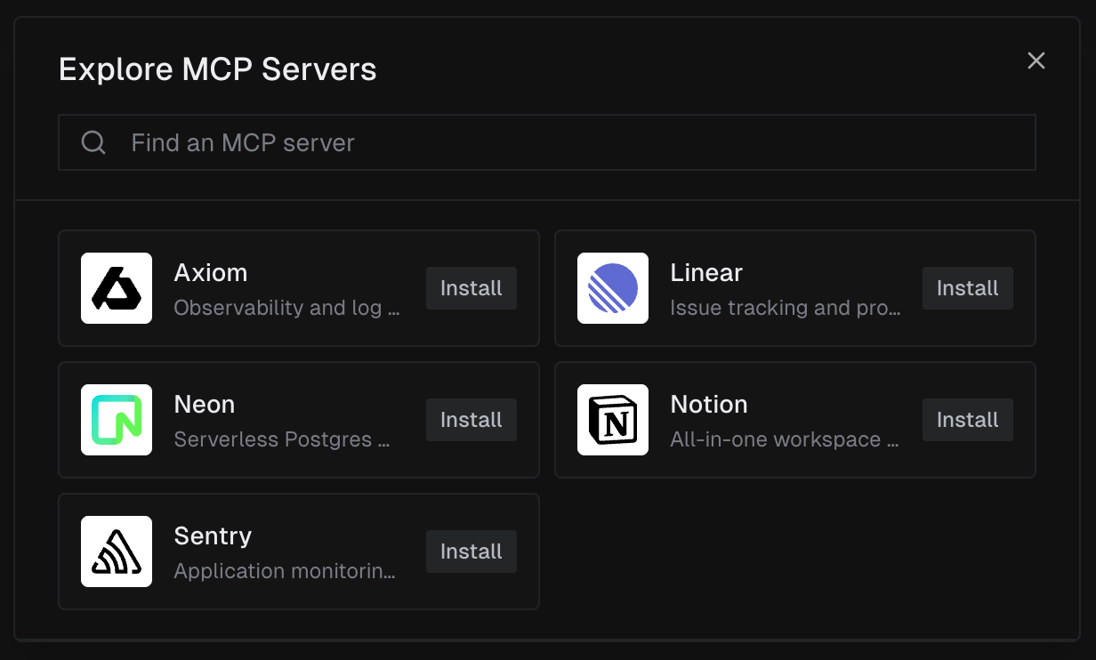 Explore MCP Servers dialog showing available servers in a two-column grid