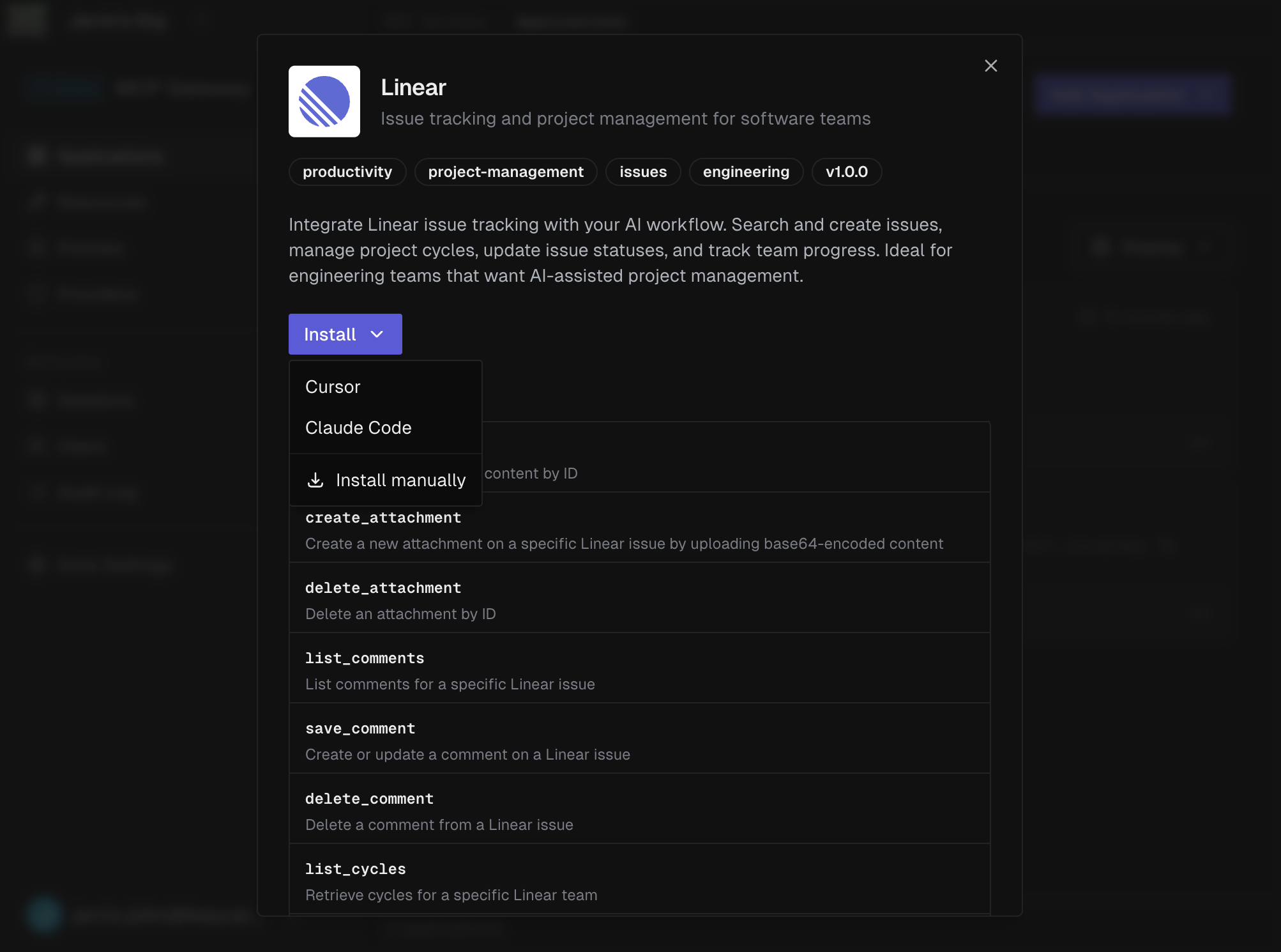 Install dropdown showing Cursor, Claude Code, and Manual options