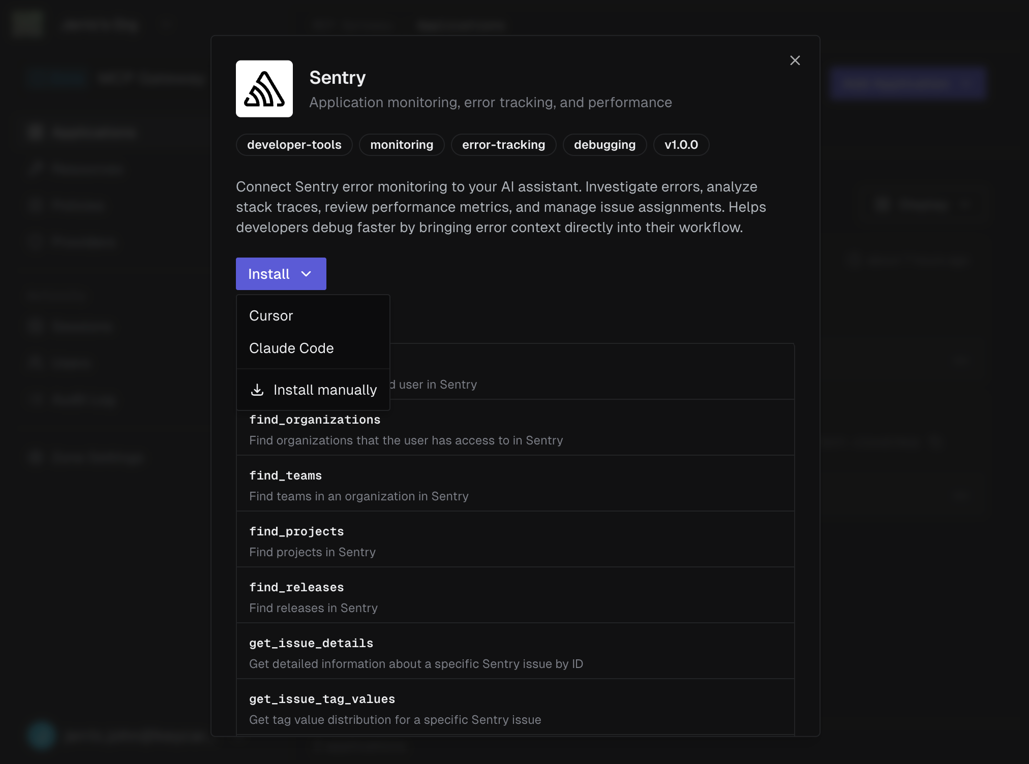 Installed MCP server detail with Install dropdown showing Cursor, Claude Code, and Install manually options