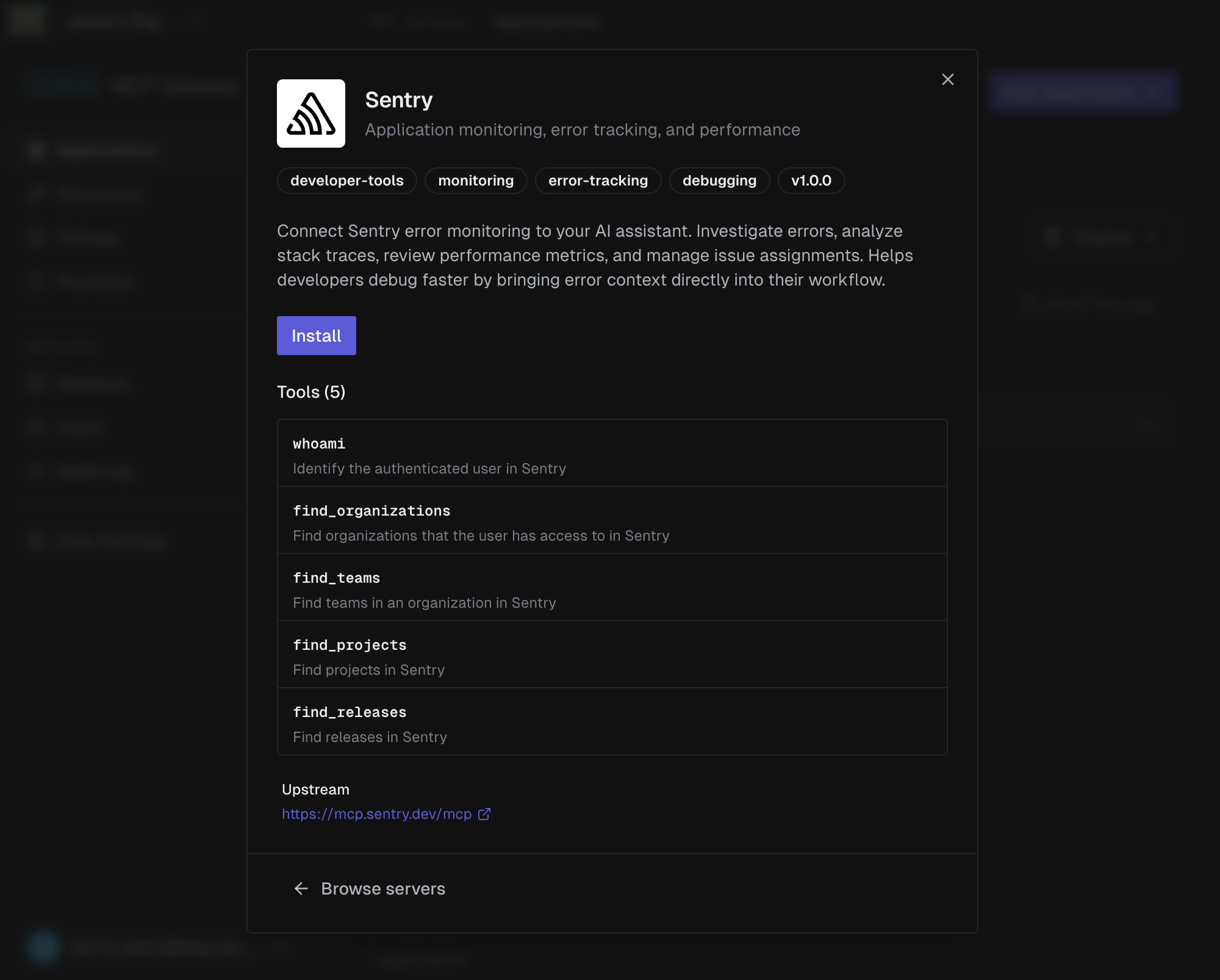 MCP server detail dialog showing description, tags, tools, and Install button