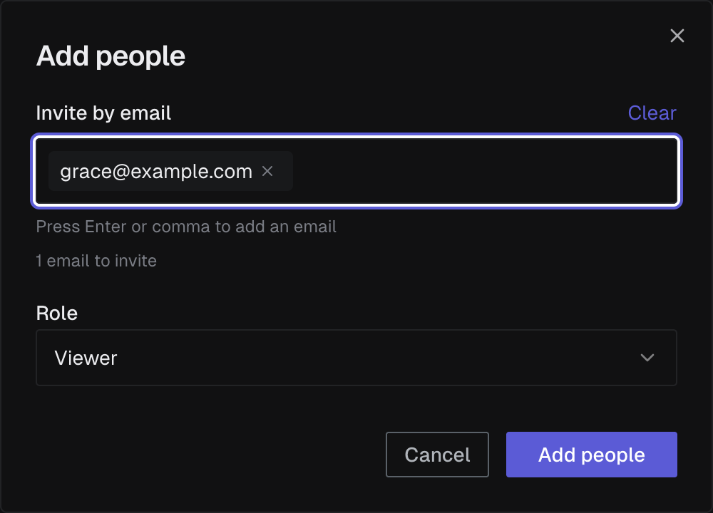 Add people dialog with email field and role selector