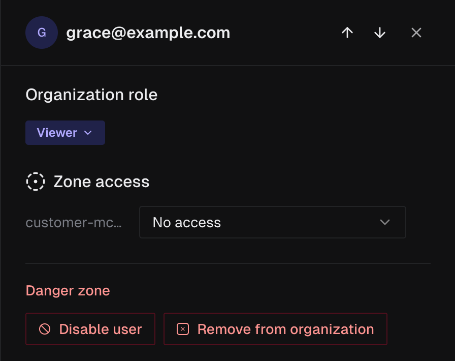 Manage access drawer showing organization role and per-zone access
