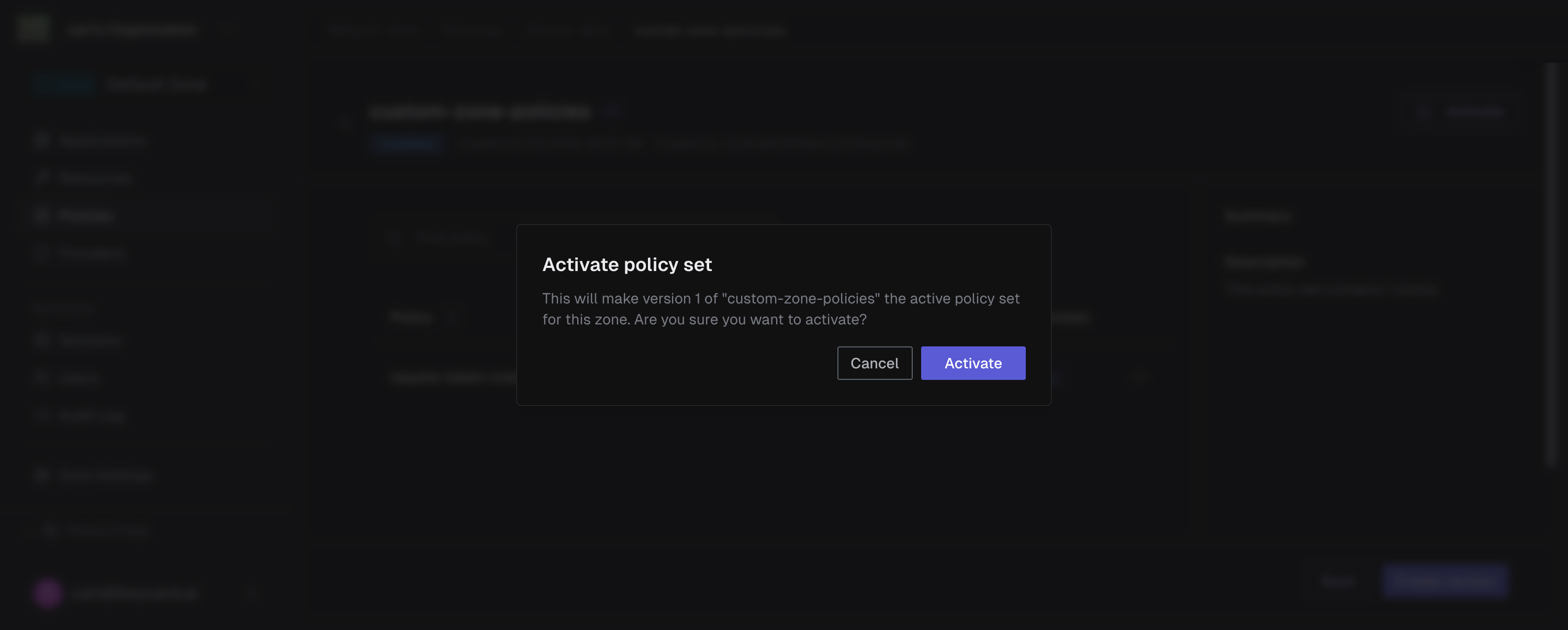 Policy set detail page with Activate button and confirmation dialog