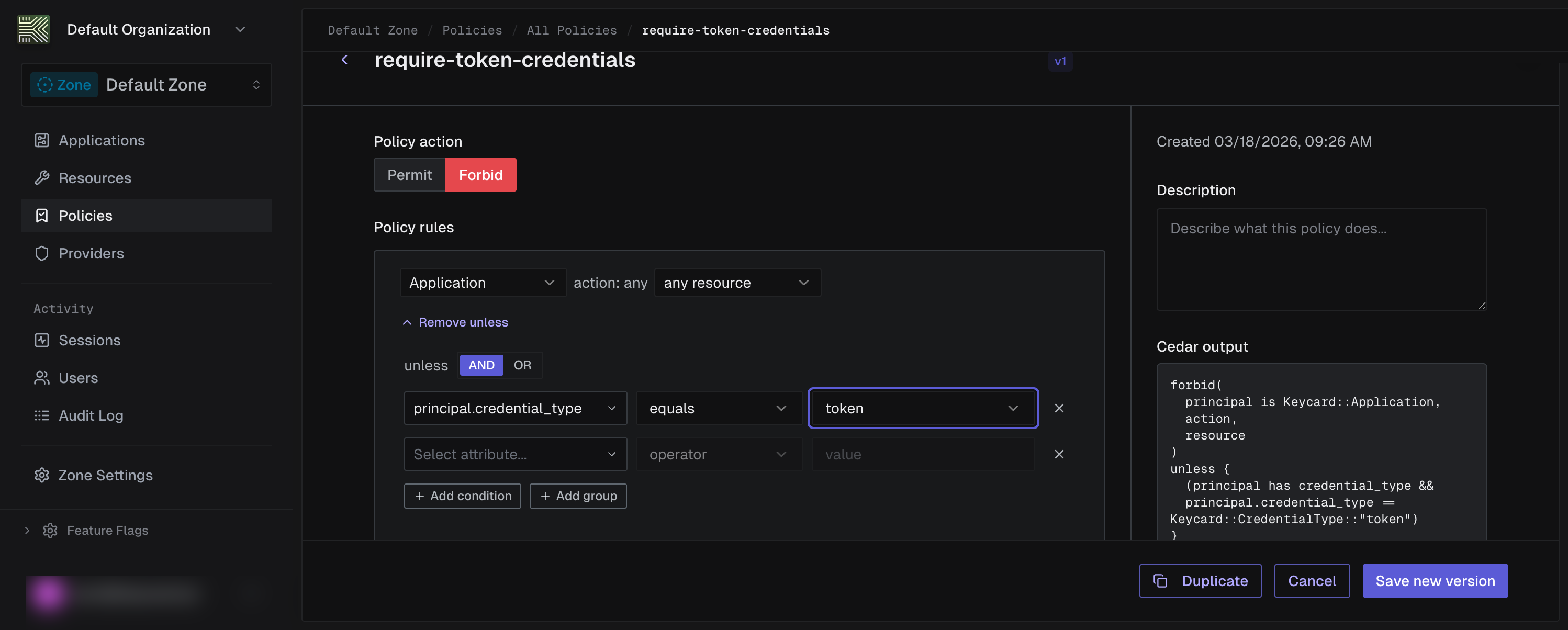Policy form with rule builder and Cedar preview sidebar