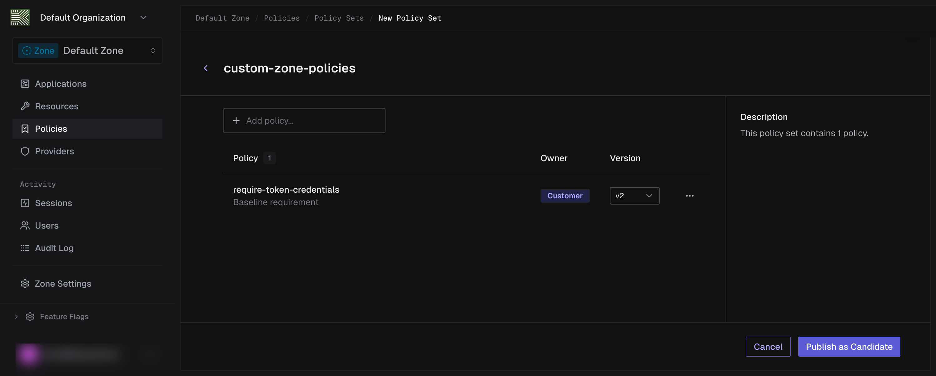 New policy set page with name input and policy selection