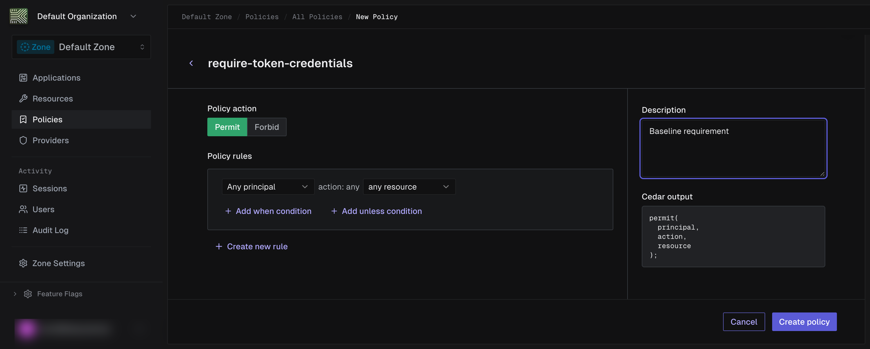 New policy form with name and description inputs
