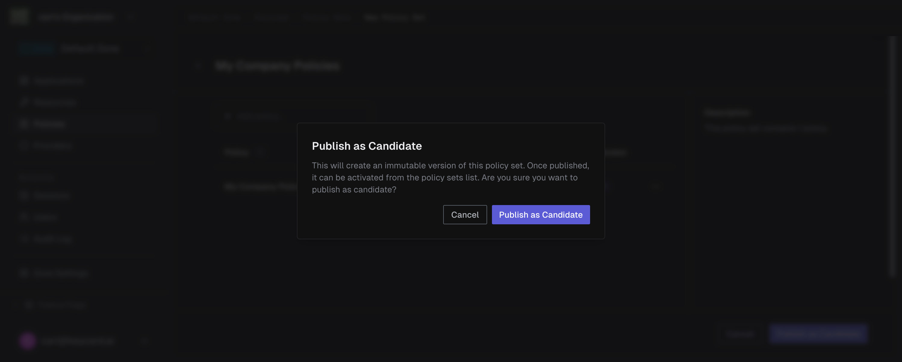 Publish confirmation dialog for a new policy set version