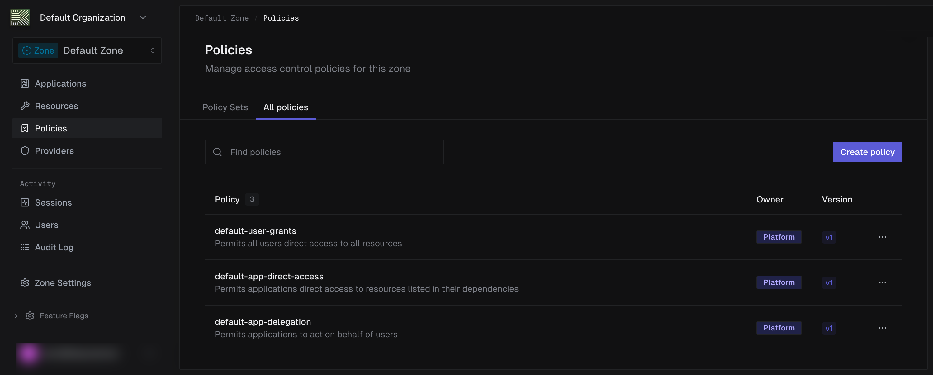 Policies page in the Keycard Console