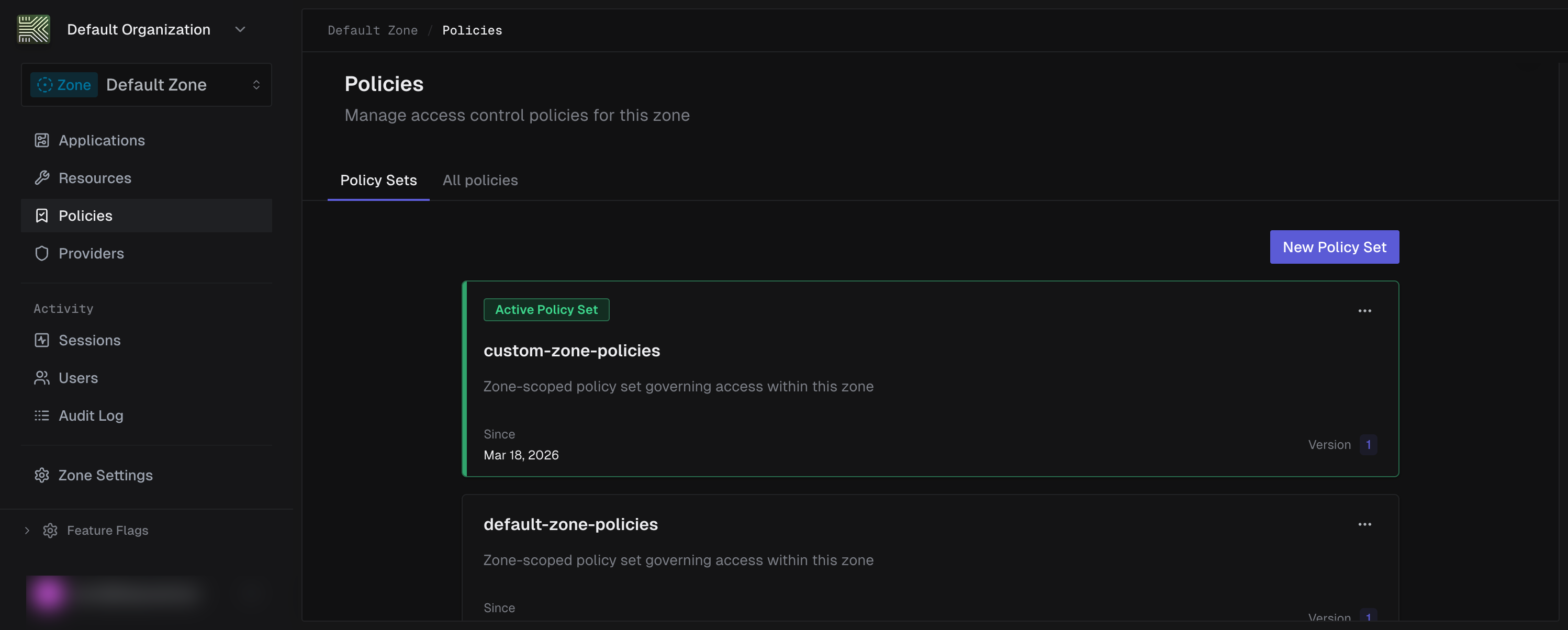 Policy sets list showing the active policy set with green accent