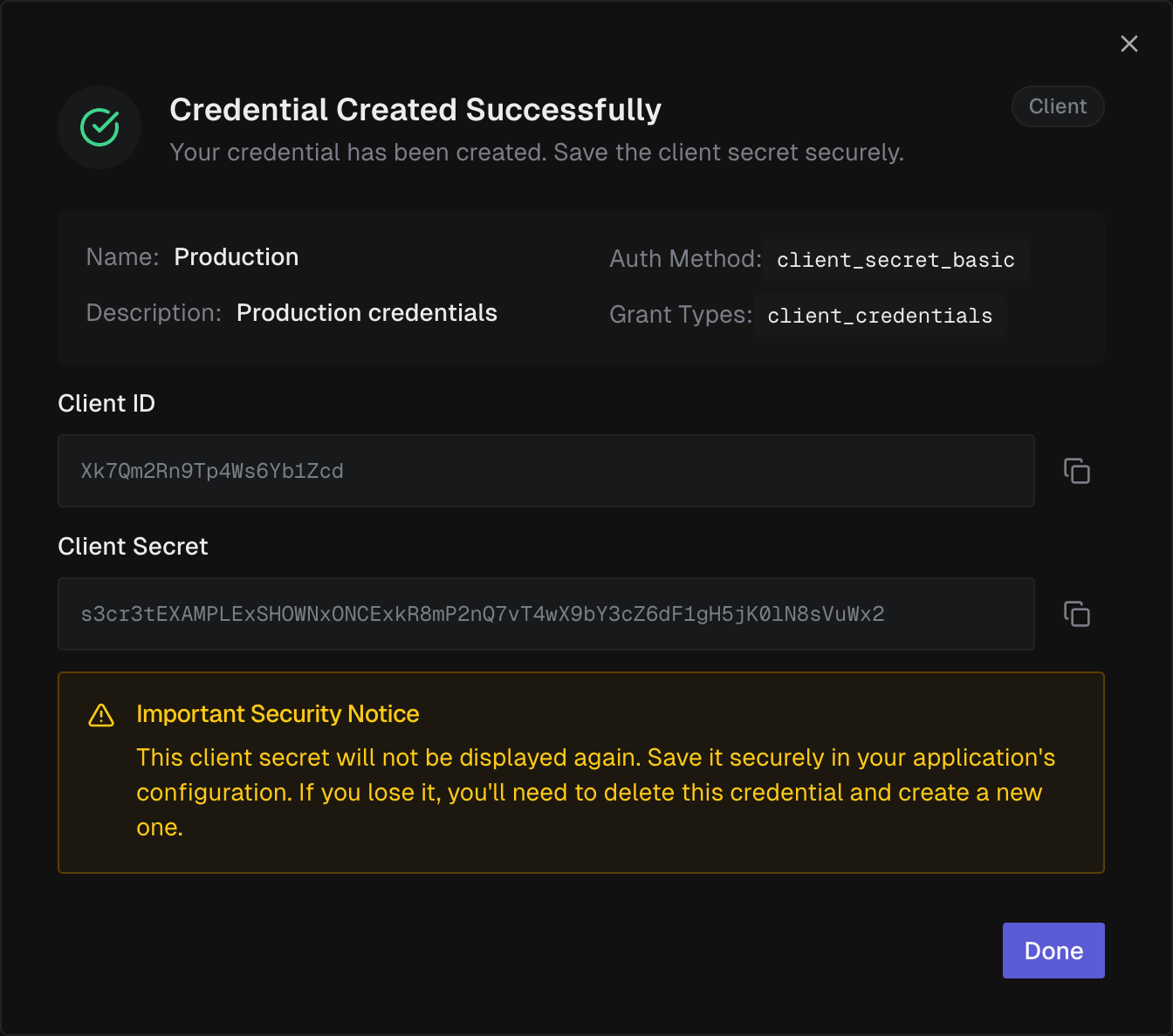 The Credential Created Successfully dialog, showing the client ID and client secret with a notice that the secret is not displayed again