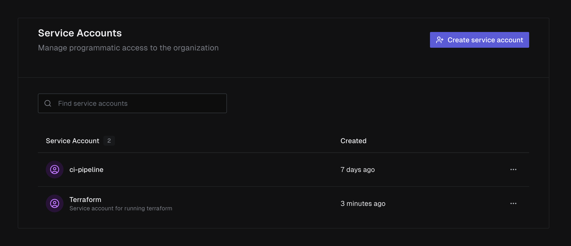 The Service Accounts page, listing two accounts with their creation dates and a Create service account button