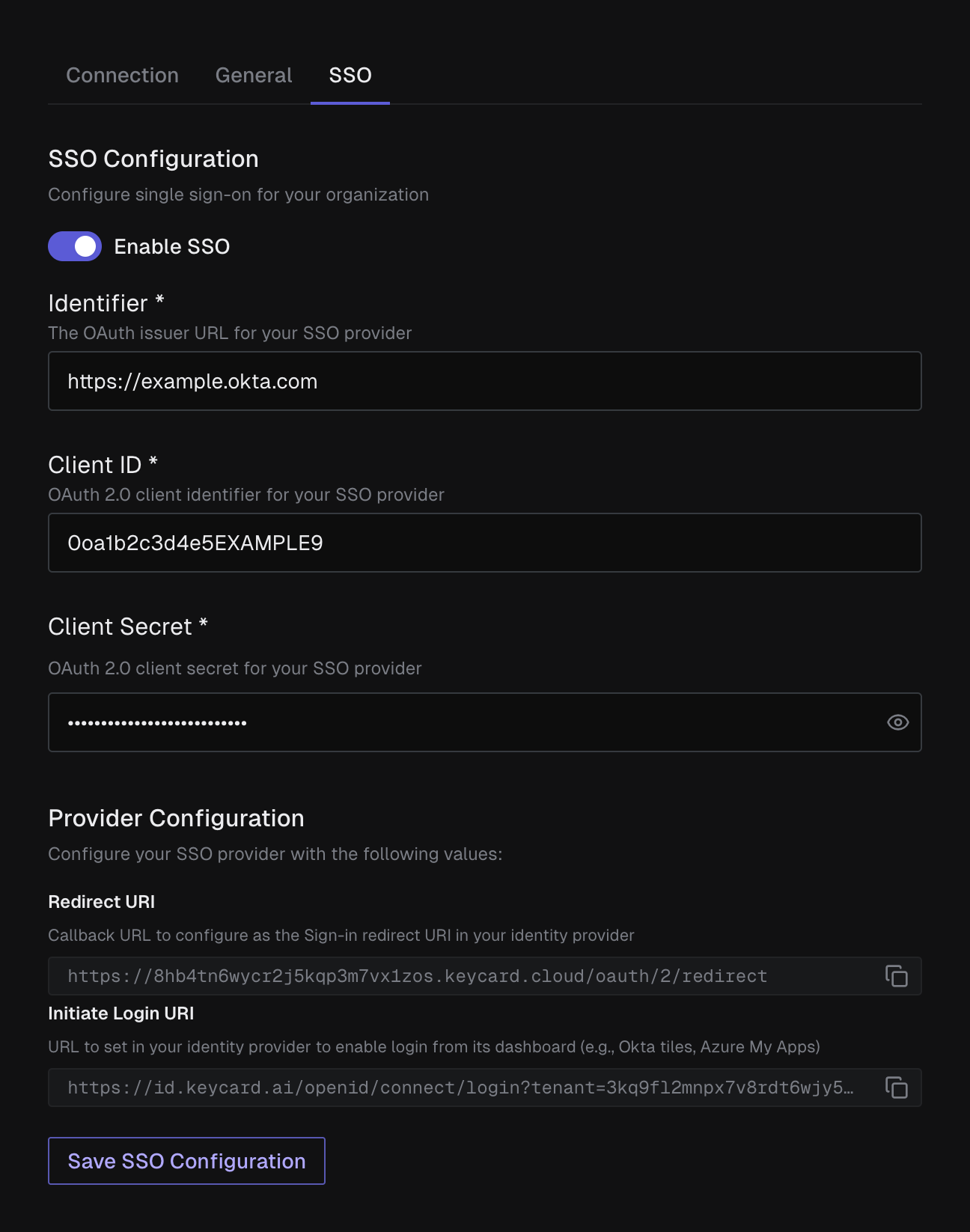 Settings SSO tab: Enable SSO toggle, Identifier, Client ID, Client Secret, and Provider Configuration