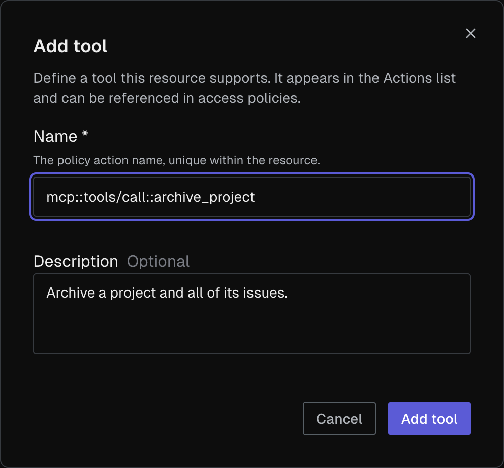The Add tool dialog, with the fully qualified policy action name entered in the Name field