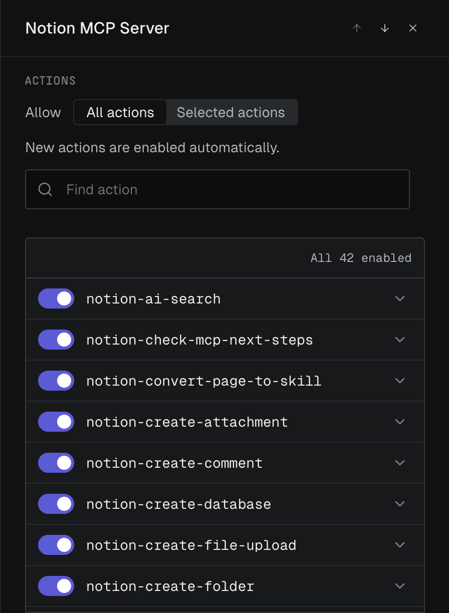 A gateway's actions panel for an attached MCP server, set to allow all actions