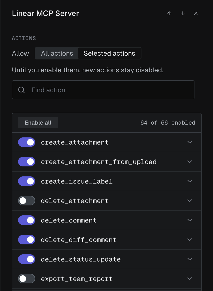 A gateway's actions panel set to selected actions, with one tool switched off