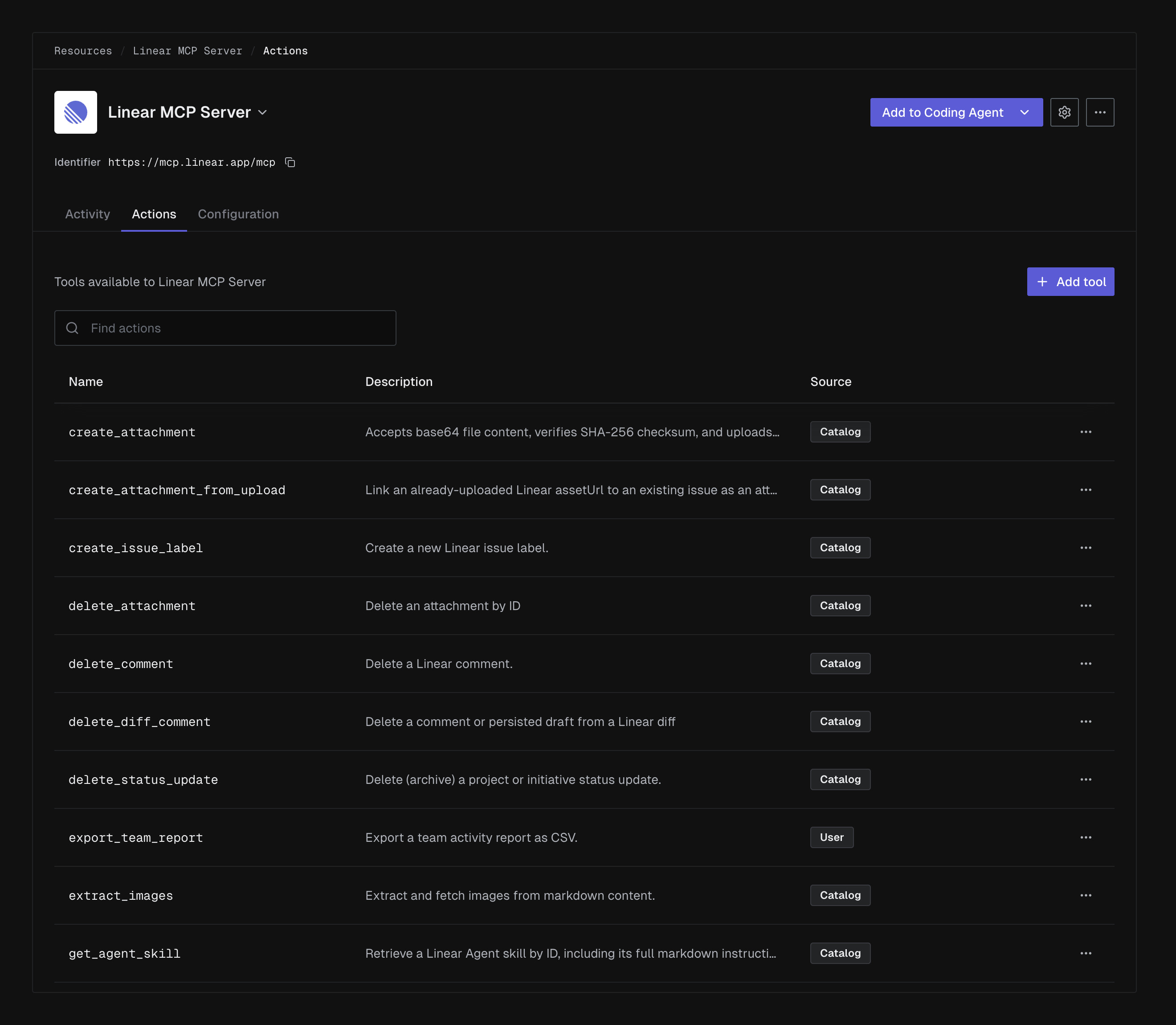 The Actions tab of an MCP server Resource, listing tool names, descriptions, and their source