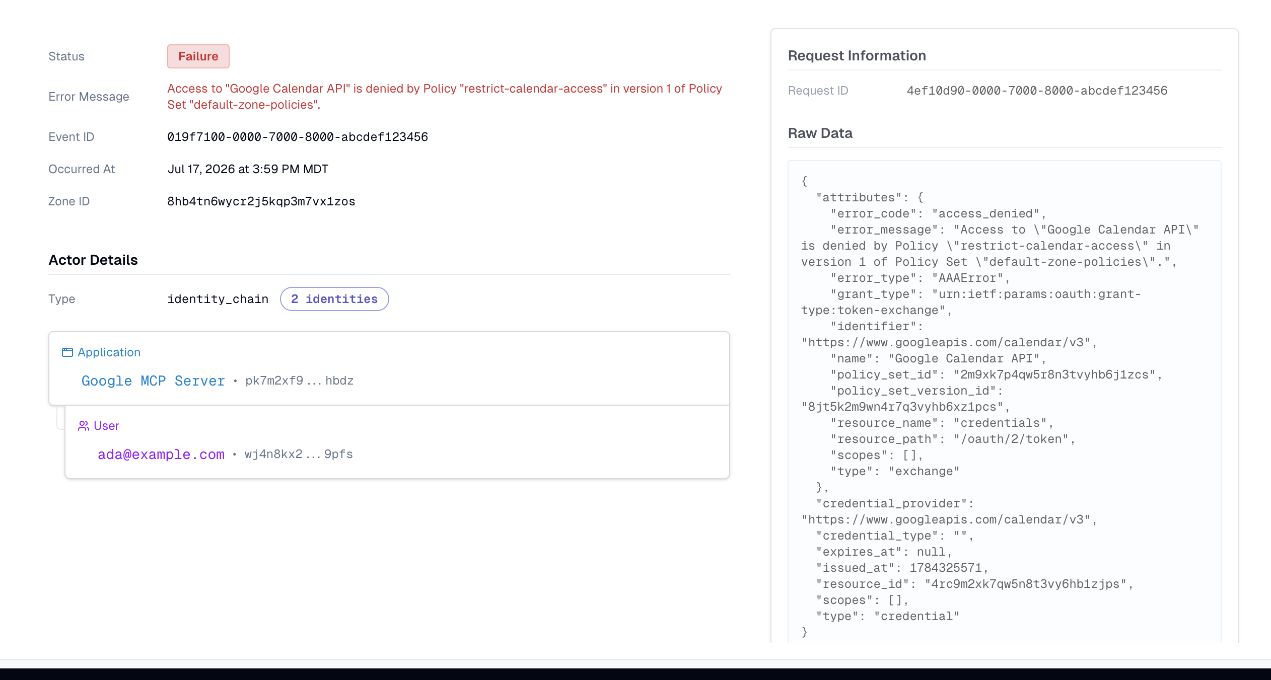 A Failure audit event with error code access_denied, its Error Message naming the deciding policy and policy set