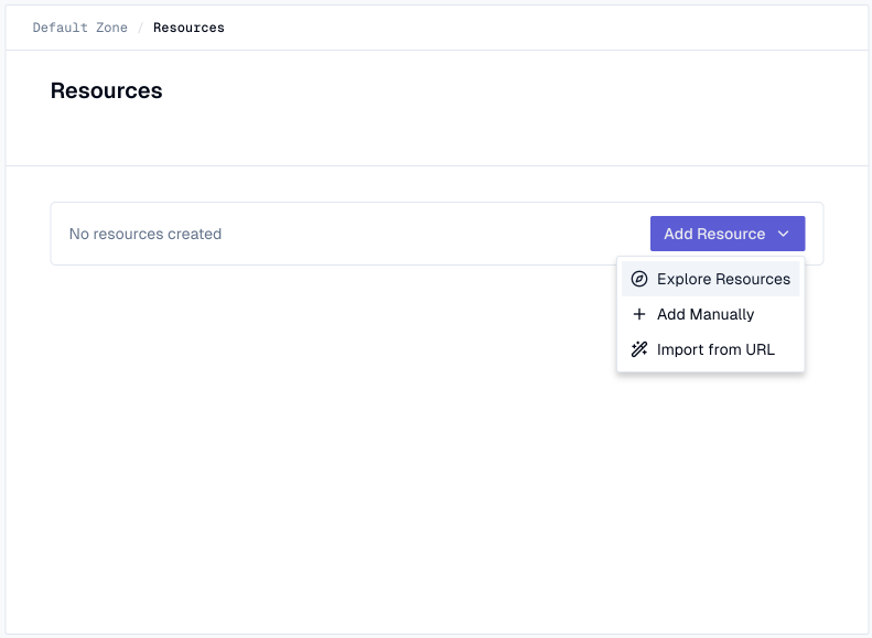 Add Resource button with Explore Resources option in the dropdown