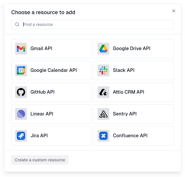 Resource Catalog showing available integrations in a two-column grid