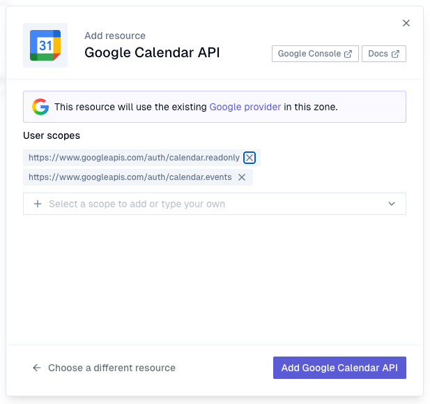 Google Calendar API configuration dialog reusing the existing Google provider