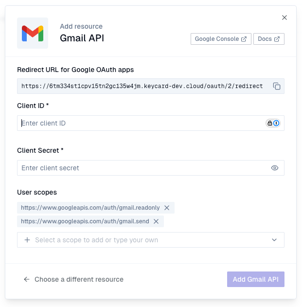Gmail API configuration dialog showing Redirect URL, Client ID, Client Secret, and User scopes