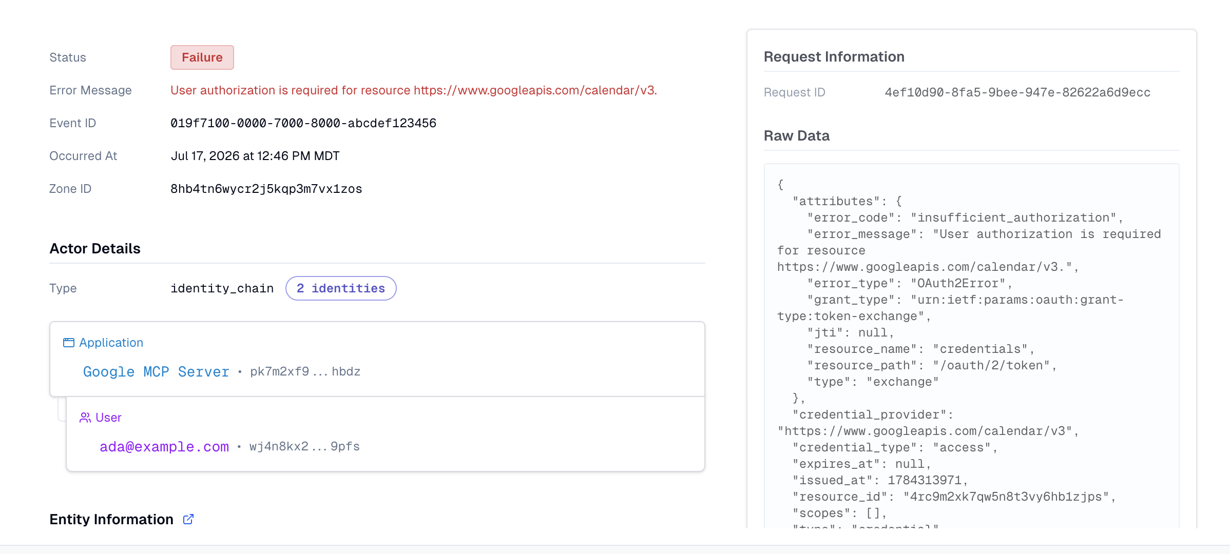 Audit Log entry showing a Failure on the credential exchange with error code insufficient_authorization