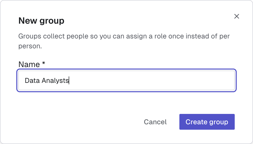 The New group dialog with a name entered