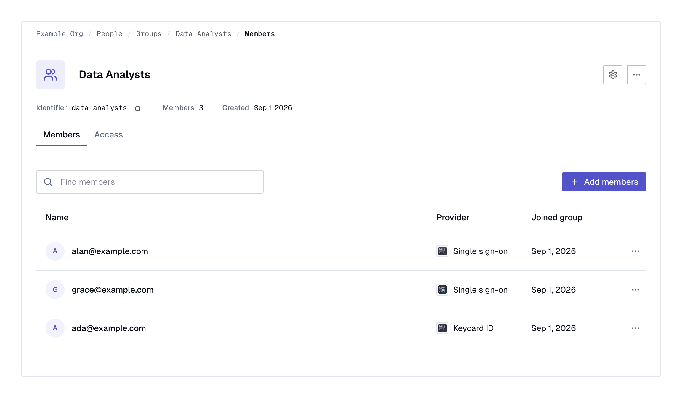 The Members tab of a Group, listing its members and the Add members button