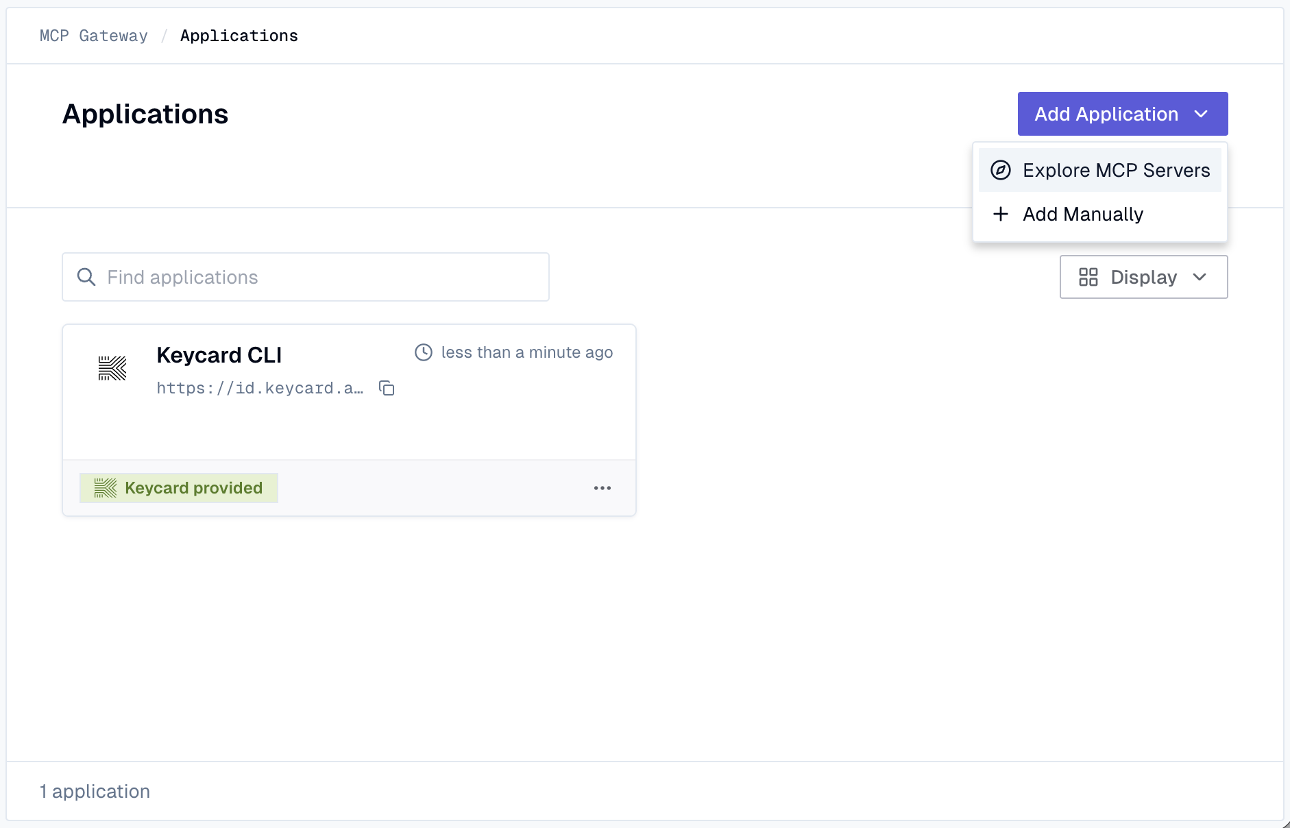 Add Application button with Explore MCP Servers option in the dropdown