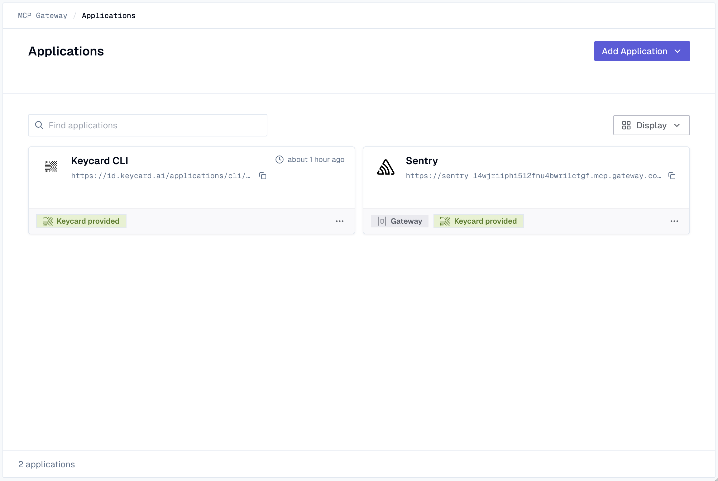 Applications page showing the newly installed MCP server with Gateway and Keycard provided badges