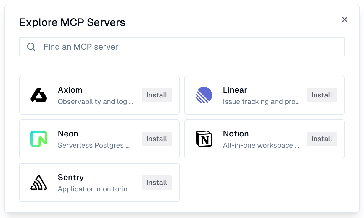Explore MCP Servers dialog showing available servers in a two-column grid