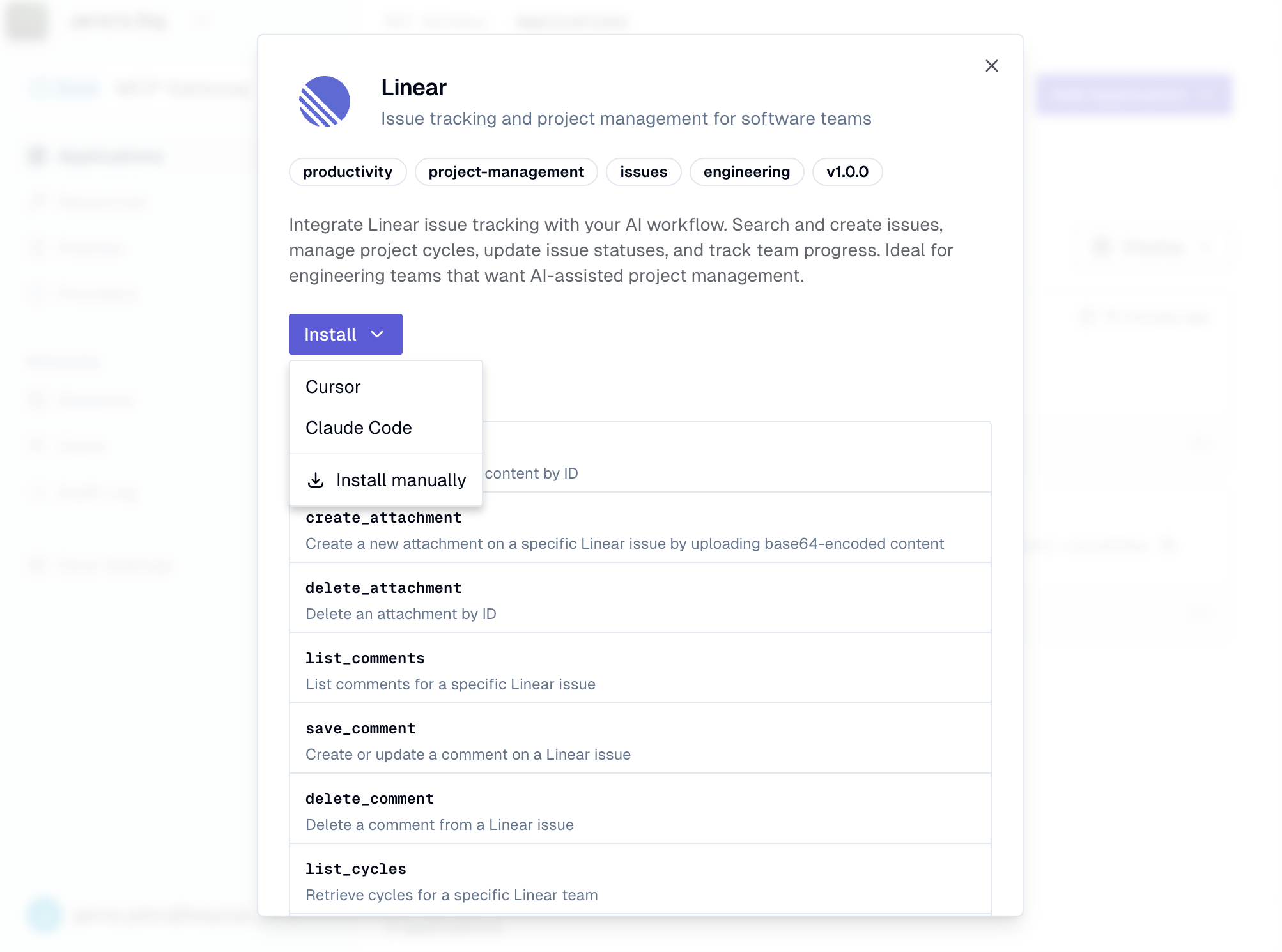 Install dropdown showing Cursor, Claude Code, and Manual options