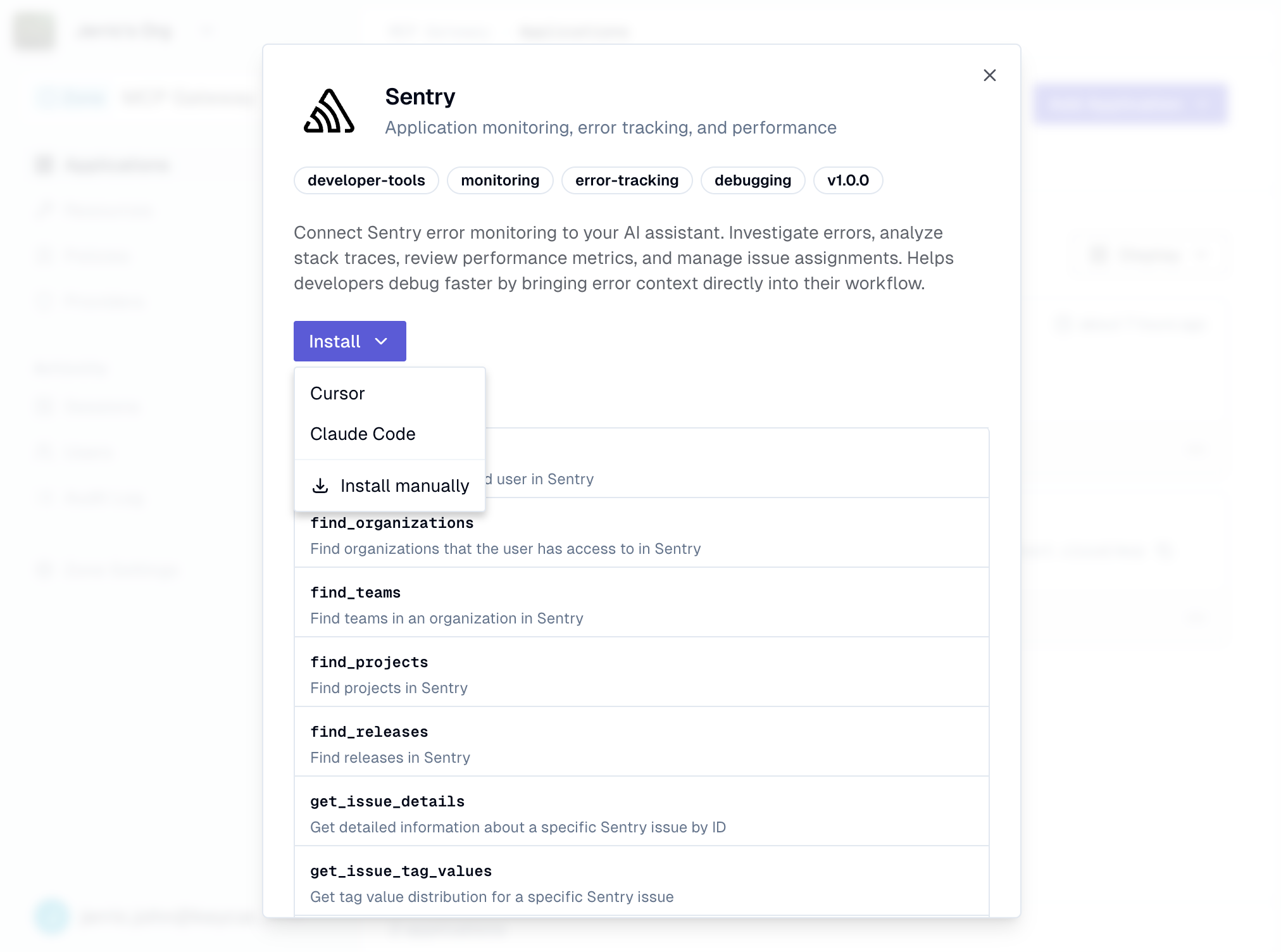 Installed MCP server detail with Install dropdown showing Cursor, Claude Code, and Install manually options