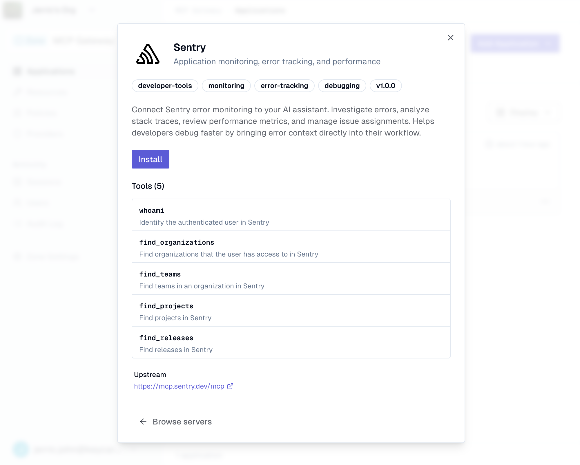 MCP server detail dialog showing description, tags, tools, and Install button