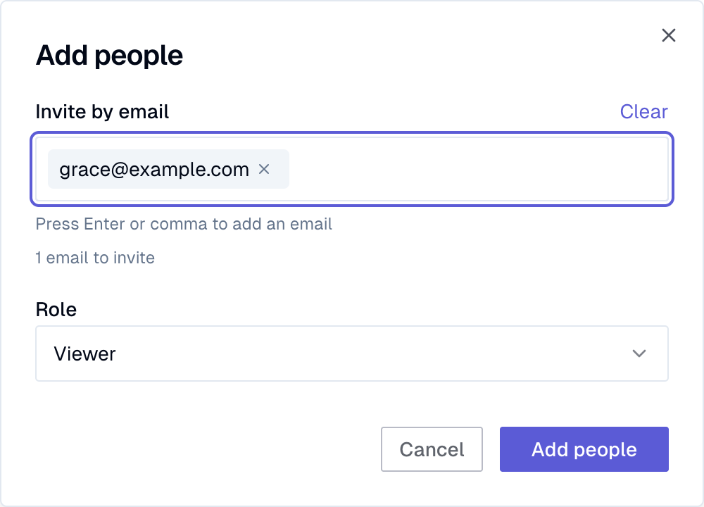 Add people dialog with email field and role selector