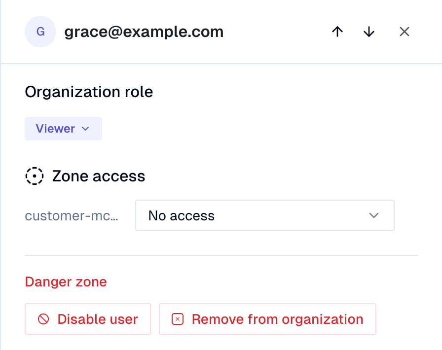 Manage access drawer showing organization role and per-zone access